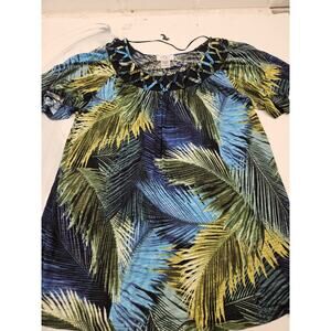 OSO Casuals Medium Palm Leaves Cross Neck Detail Top with Flutter Sleeve